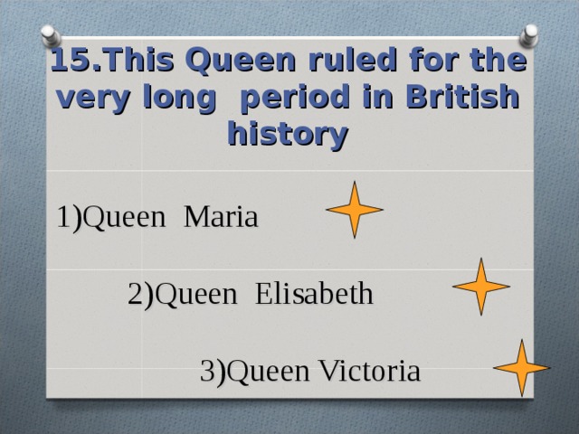 15.This Queen ruled for the very long period in British history  1)Queen Maria   2)Queen Elisabeth   3)Queen Victoria