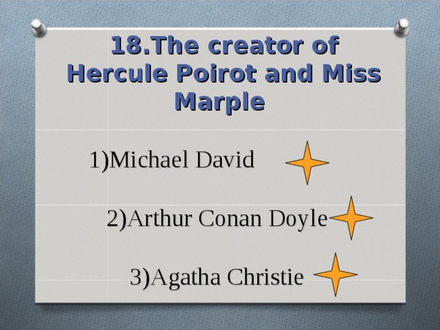 18.The creator of Hercule Poirot and Miss Marple 1)Michael David     2)Arthur Conan Doyle   3)Agatha Christie