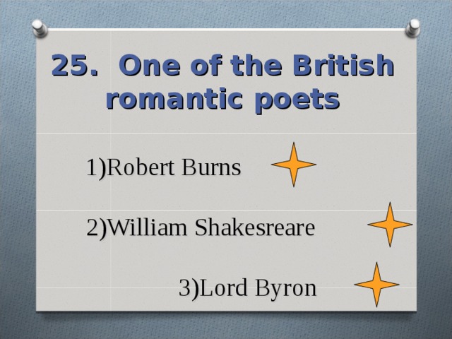 25. One of the British romantic poets 1)Robert Burns   2)William Shakesreare   3)Lord Byron