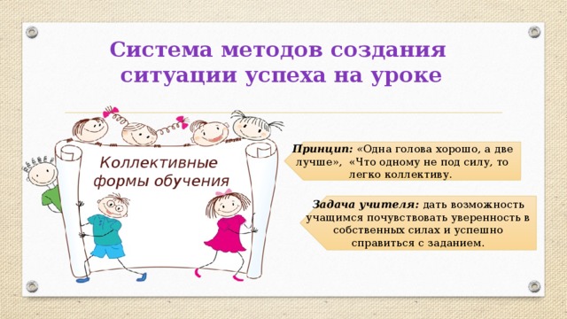 Система методов создания  ситуации успеха на уроке Принцип: « Одна голова хорошо, а две лучше», «Что одному не под силу, то легко коллективу. Коллективные формы обучения Задача учителя: дать возможность учащимся почувствовать уверенность в собственных силах и успешно справиться с заданием. 