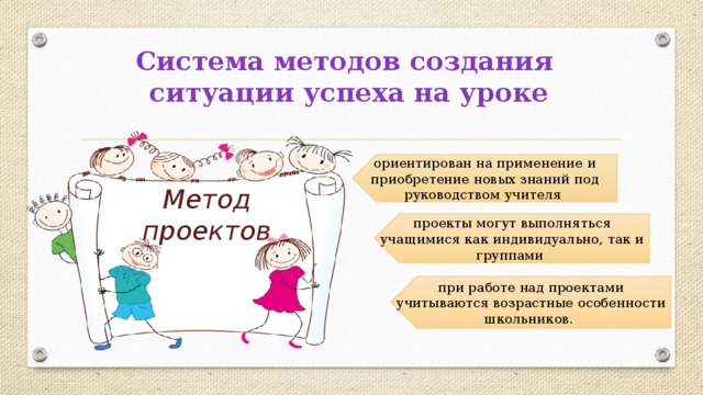 Система методов создания  ситуации успеха на уроке ориентирован на применение и приобретение новых знаний под руководством учителя Метод проектов проекты могут выполняться учащимися как индивидуально, так и группами при работе над проектами учитываются возрастные особенности школьников. 