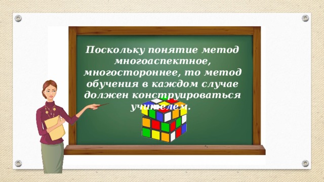 Поскольку понятие метод многоаспектное, многостороннее, то метод обучения в каждом случае должен конструироваться учителем. 