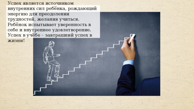 Успех является источником внутренних сил ребёнка, рождающий энергию для преодоления трудностей, желания учиться. Ребёнок испытывает уверенность в себе и внутреннее удовлетворение. Успех в учёбе – завтрашний успех в жизни! 