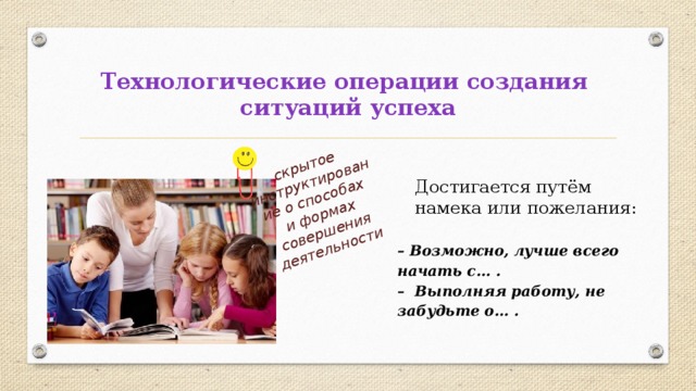 скрытое инструктирование о способах  и формах совершения деятельности Технологические операции создания  ситуаций успеха Достигается путём намека или пожелания: – Возможно, лучше всего начать с… . – Выполняя работу, не забудьте о… . 