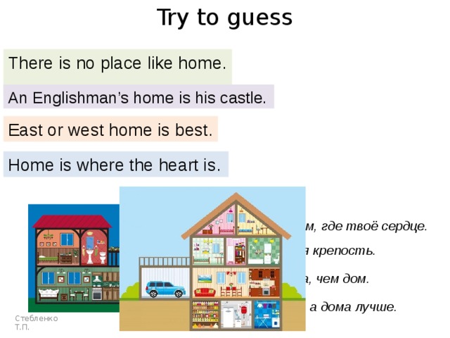 Try to guess There is no place like home. An Englishman’s home is his castle. East or west home is best. Home is where the heart is. Дом – это там, где твоё сердце. Мой дом – моя крепость. Нет лучше места, чем дом. В гостях хорошо, а дома лучше. Стебленко Т.П. 