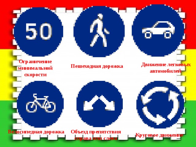 Ограничение минимальной  скорости Движение легковых автомобилей Пешеходная дорожка Велосипедная дорожка   Объезд препятствия  справа или слева Круговое движение 