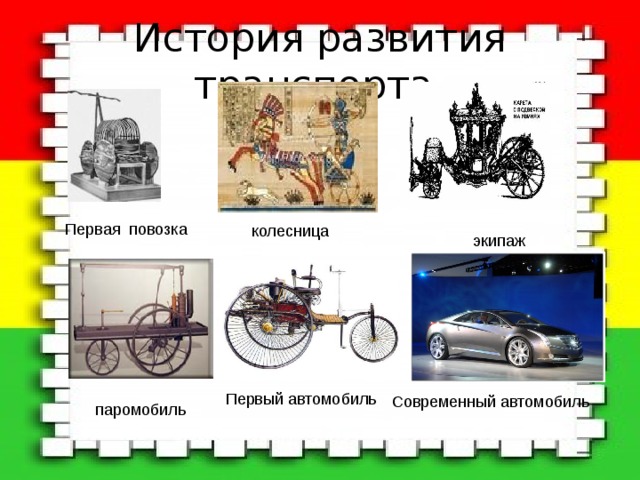 История развития транспорта. Первая повозка колесница экипаж Первый автомобиль Современный автомобиль паромобиль 