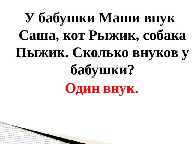 У бабушки Маши внук Саша, кот Рыжик, собака Пыжик. Сколько внуков у бабушки?  Один внук. 