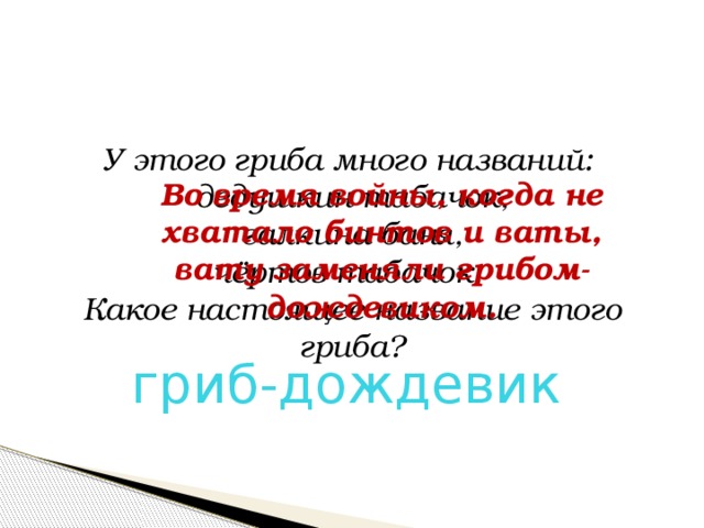 У этого гриба много названий: дедушкин табачок,  галкина баня, чёртов табачок. Какое настоящее название этого гриба? Во время войны, когда не хватало бинтов и ваты, вату заменяли грибом-дождевиком. гриб-дождевик 