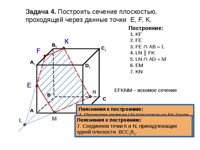 Задача  4. Построить сечение плоскостью, проходящей через  данные точки Е, F, K . Построение: 1. KF К 2. FE В 1 3. FE ∩  А B  = L C 1 F 4 . LN ║ FK 5 . LN ∩  AD = M А 1 6 . EM D 1 7 . KN E EFKNM – искомое сечение N В С Пояснения к построению: 4 . Проводим прямую LN параллельно FK (если секущая плоскость пересекает противоположные грани, то она пересекает их по параллельным отрезкам). А Пояснения к построению: 3. Прямые FE и АВ, лежащие в одной  плоскости АА 1 В 1 В, пересекаются в точке L  . Пояснения к построению: 2. Соединяем точки F и E , принадлежащие одной плоскости АА 1 В 1 В. Пояснения к построению: 1. Соединяем точки K и F , принадлежащие одной плоскости А 1 В 1 С 1 D 1 . М D L Пояснения к построению: 6 . Соединяем точки Е и М, принадлежащие одной плоскости АА 1 D 1 D . Пояснения к построению: 7 . Соединяем точки К и N , принадлежащие одной плоскости ВСС 1 В 1 . Пояснения к построению: 5 . Прямая LN пересекает ребро  AD  в точке M . 