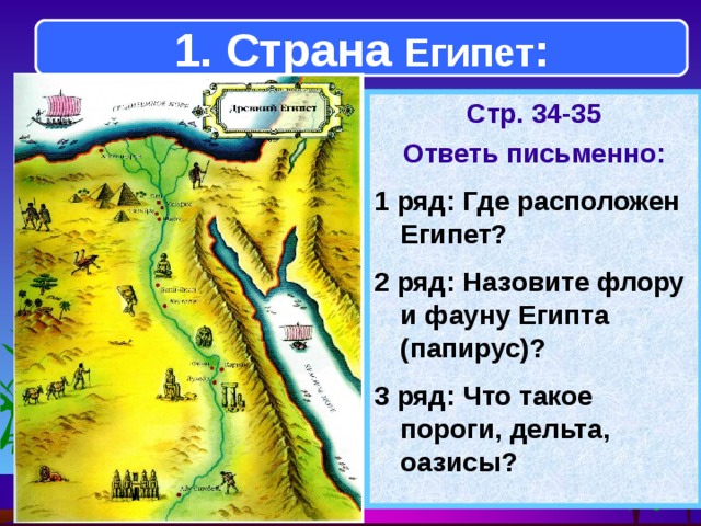 1. Страна Египет : Стр. 34-35 Ответь письменно:  1 ряд: Где расположен Египет?  2 ряд: Назовите флору и фауну Египта (папирус)?  3 ряд: Что такое пороги, дельта, оазисы?    