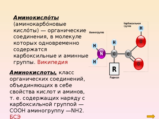 Аминокисло́ты (аминокарбо́новые кисло́ты) — органические соединения, в молекуле которых одновременно содержатся карбоксильные и аминные группы. Википедия Аминокислоты, класс органических соединений, объединяющих в себе свойства кислот и аминов, т. е. содержащих наряду с карбоксильной группой —COOH аминогруппу —NH2. БСЭ 