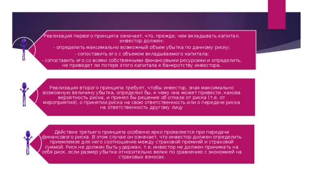 Реализация первого принципа означает, что, прежде, чем вкладывать капитал, инвестор должен: - определить максимально возможный объем убытка по данному риску; - сопоставить его с объемом вкладываемого капитала; Реализация второго принципа требует, чтобы инвестор, зная максимально возможную величину убытка, определил бы, к чему она может привести, какова вероятность риска, и принял бы решение об отказе от риска (т.е. от мероприятия), о принятии риска на свою ответственность или о передаче риска на ответственность другому лицу - сопоставить его со всеми собственными финансовыми ресурсами и определить, не приведет ли потеря этого капитала к банкротству инвестора. Действие третьего принципа особенно ярко проявляется при передаче финансового риска. В этом случае он означает, что инвестор должен определить приемлемое для него соотношение между страховой премией и страховой суммой. Риск не должен быть удержан, т.е. инвестор не должен принимать на себя риск, если размер убытка относительно велик по сравнению с экономией на страховых взносах . 