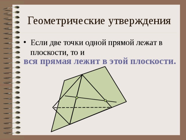 Геометрические утверждения Если две точки одной прямой лежат в плоскости, то и вся прямая лежит в этой плоскости. 