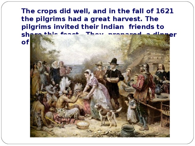The crops did well, and in the fall of 1621 the pilgrims had a great harvest. The pilgrims invited their Indian friends to share this feast. They prepared a dinner of turkey, corn, beans, and pumpkins. 