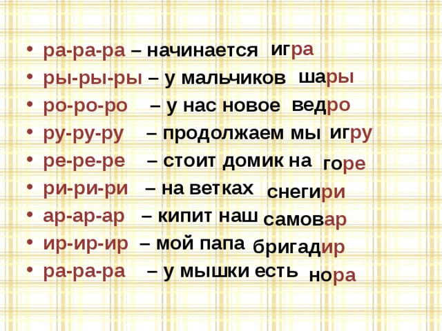 иг ра ра-ра-ра – начинается ры-ры-ры – у мальчиков ро-ро-ро – у нас новое ру-ру-ру – продолжаем мы ре-ре-ре – стоит домик на ри-ри-ри – на ветках ар-ар-ар – кипит наш ир-ир-ир – мой папа ра-ра-ра – у мышки есть  ша ры вед ро иг ру го ре снеги ри самов ар бригад ир но ра 