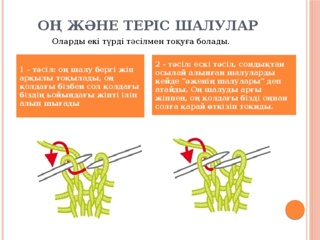 Оң және теріс шалулар Оларды екі түрді тәсілмен тоқуға болады. 1 - тәсіл: оң шалу бергі жіп арқылы тоқылады, оң қолдағы бізбен сол қолдағы біздің ьойындағы жіпті іліп алып шығады 2 - тәсіл: ескі тәсіл, сондықтан осылай алынған шалуларды кейде 