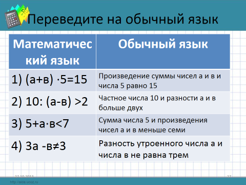 Сумма на математическом языке. Математический язык 6 класс. Перевод с математического языка на русский.