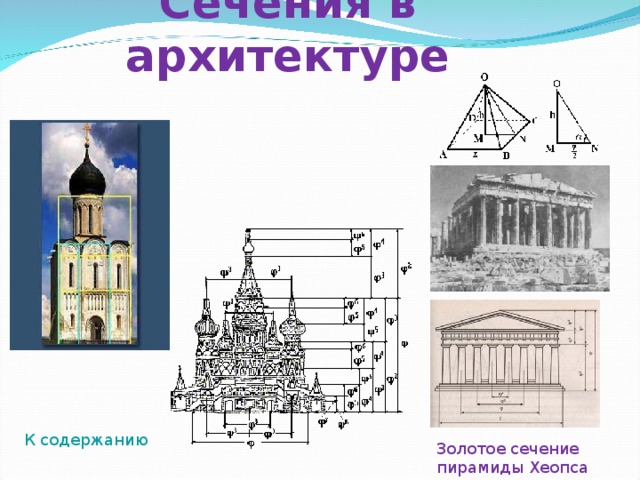 Сечения в архитектуре К содержанию Золотое сечение пирамиды Хеопса 