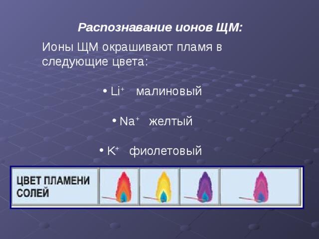 Распознавание ионов ЩМ: Ионы ЩМ окрашивают пламя в следующие цвета:  Li +   малиновый   Na +  желтый   K +  фиолетовый  