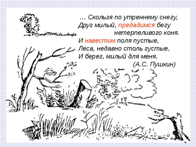 … Скользя по утреннему снегу, Друг милый, предадимся бегу  нетерпеливого коня. И навестим поля пустые, Леса, недавно столь густые, И берег, милый для меня.  (А.С. Пушкин) 