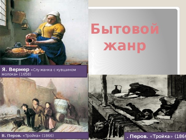 Бытовой жанр Я. Вермер «Служанка с кувшином молока» (1658) В. Перов. «Тройка» (1866) . Перов. «Тройка» (1866)   