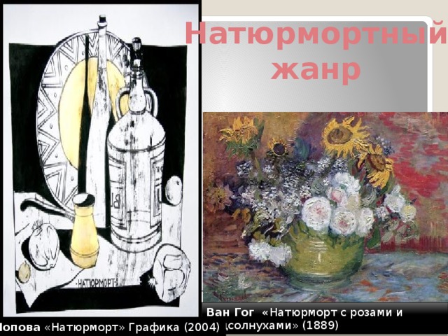 Натюрмортный жанр Ван Гог « Натюрморт с розами и подсолнухами» (1889) Г. Попова «Натюрморт» Графика (2004) 