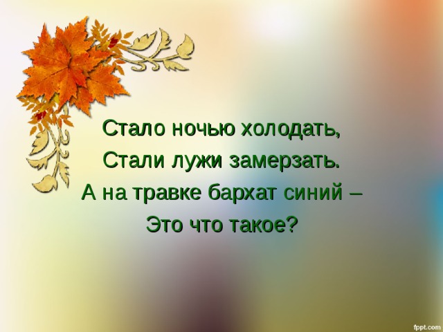 Стало ночью холодать, Стали лужи замерзать. А на травке бархат синий – Это что такое? 