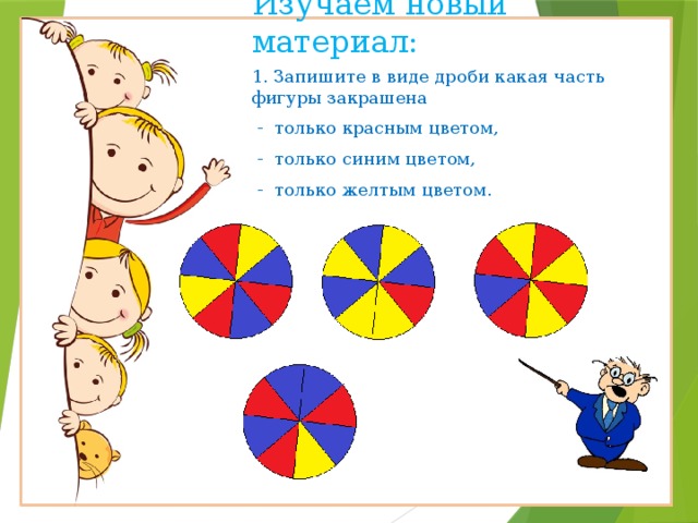 Изучаем новый материал: 1. Запишите в виде дроби какая часть фигуры закрашена  - только красным цветом,  - только синим цветом,  - только желтым цветом. 