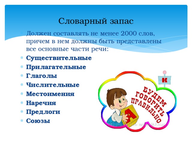 Словарный запас Должен составлять не менее 2000 слов, причем в нем должны быть представлены все основные части речи: Существительные Прилагательные Глаголы Числительные Местоимения Наречия Предлоги Союзы 