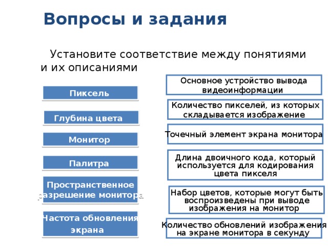 Компьютерное представление цвета У первых цветных мониторов базовые цвета имели всего две градации яркости, т. е. каждый из трёх базовых цветов либо участвовал в образовании цвета пикселя (1), либо нет ( 0). Палитра таких мониторов состояла из восьми цветов. При этом каждый цвет можно было закодировать цепочкой из трёх нулей и единиц - трёхразрядным двоичным кодом. Яркость базовых цветов Красный 0 Зелёный 0 Цвет Синий 0 0 Код 0 0 0 чёрный 1 1 000 синий 1 0 1 001 1 0 зелёный 1 0 голубой 0 1 010 красный 011 1 1 1 100 пурпурный 0 1 101 жёлтый 1 110 белый 111 