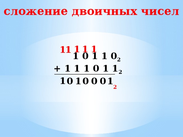 сложение двоичных чисел 1 1 1 1 1  1 0 1 1 0 2 + 1 1 1 0 1 1 2 1 0 0 0 0 1 1 2 