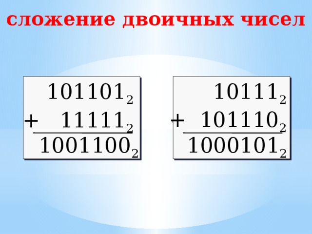 сложение двоичных чисел 10111 2 + 101110 2 101101 2 + 11111 2 1001100 2 1000101 2  