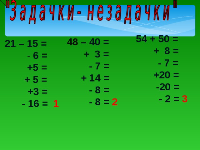  54 + 50 =  + 8 =  - 7 =  +20 =  -20 =  - 2 =  3  48 – 40 =  + 3 =  - 7 =  + 14 =  - 8 =  - 8 =  2     21 – 15 =  - 6 =   +5 =  + 5 =   +3 =  - 16 =  1 