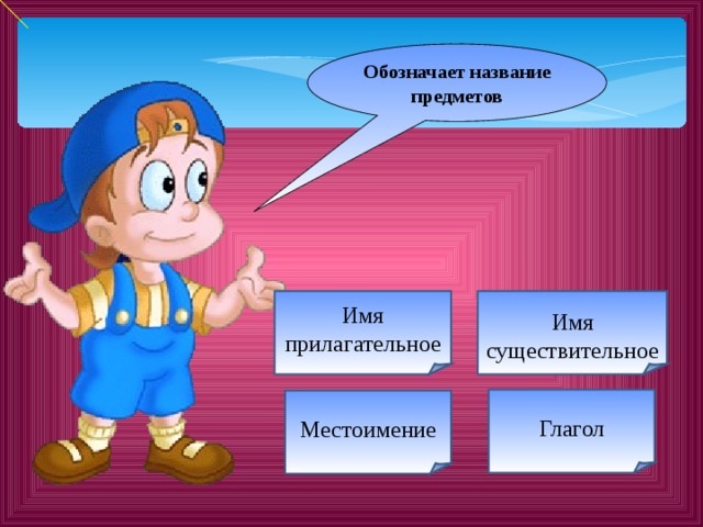 Обозначает название предметов Имя прилагательное Имя существительное Глагол Местоимение 