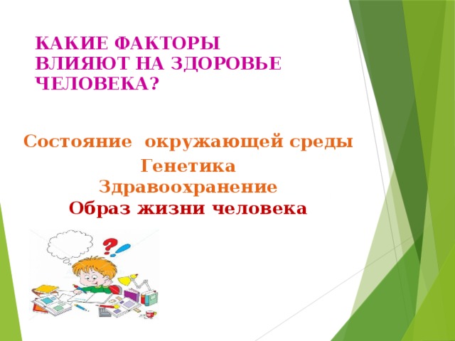 КАКИЕ ФАКТОРЫ  ВЛИЯЮТ НА ЗДОРОВЬЕ ЧЕЛОВЕКА? Состояние  окружающей среды Генетика Здравоохранение Образ жизни человека 