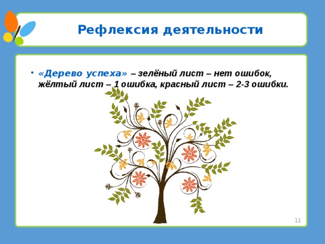 Рефлексия деятельности «Дерево успеха» – зелёный лист – нет ошибок, жёлтый лист – 1 ошибка, красный лист – 2-3 ошибки.  