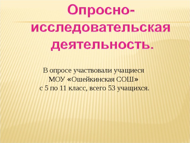 В опросе участвовали учащиеся МОУ « Ошейкинская СОШ »  с 5 по 11 класс, всего 53 учащихся. 