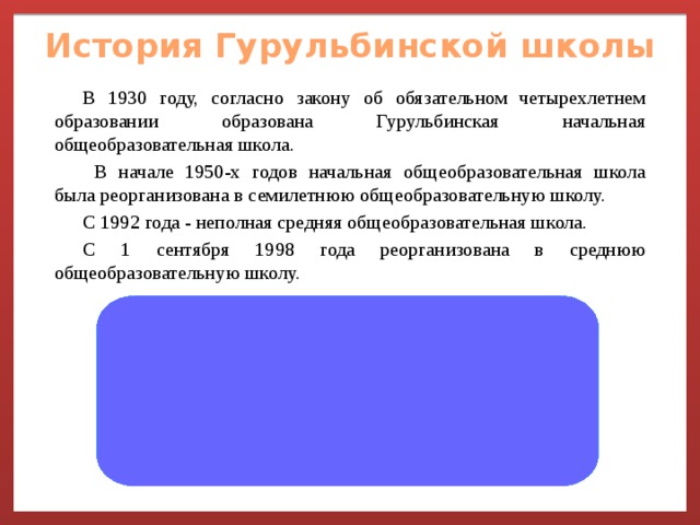 История Гурульбинской школы В 1930 году, согласно закону об обязательном четырехлетнем образовании образована Гурульбинская начальная общеобразовательная школа.  В начале 1950-х годов начальная общеобразовательная школа была реорганизована в семилетнюю общеобразовательную школу. С 1992 года - неполная средняя общеобразовательная школа. С 1 сентября 1998 года реорганизована в среднюю общеобразовательную школу. 