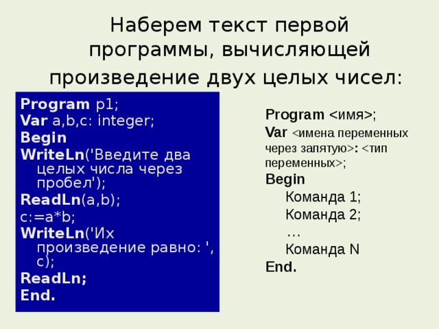 Наберем текст первой программы, вычисляющей произведение двух целых чисел:  Program p1; Var a,b,с: integer; Begin WriteLn ('Введите два целых числа через пробел'); ReadLn (a,b); с:=a*b; WriteLn ('Их произведение равно: ', с); ReadLn; End.  Program ; Var  : ; Begin  Команда 1;  Команда 2;  …  Команда N End.  