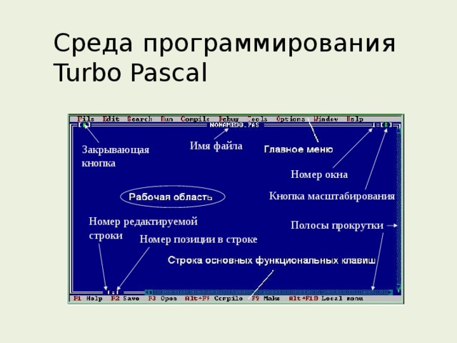 Среда программирования  Turbo Pascal Имя файла Закрывающая кнопка Номер окна Кнопка масштабирования Номер редактируемой строки Полосы прокрутки Номер позиции в строке 