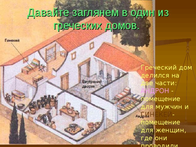 Давайте заглянем в один из греческих домов.  Греческий дом делился на две части: АНДРОН - помещение для мужчин и ГИНЕКЕЙ - помещение для женщин, где они проводили почти всё своё время, располагался на втором этаже. 