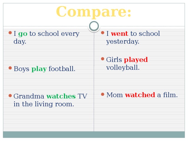 Compare: I go  to school every day. I went to school yesterday. Girls played volleyball. Boys play football. Mom watched a film. Grandma watches TV in the living room. 