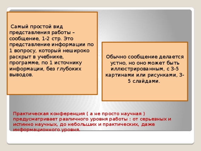   Самый простой вид представления работы – сообщение, 1-2 стр. Это представление информации по 1 вопросу, который нешироко раскрыт в учебнике, программе, по 1 источнику информации, без глубоких выводов. Обычно сообщение делается устно, но оно может быть иллюстрированным, с 3-5 картинами или рисунками, 3-5 слайдами. Практическая конференция ( а не просто научная ) предусматривает различного уровня работы : от серьезных и истинно научных, до небольших и практических, даже информационного уровня. 