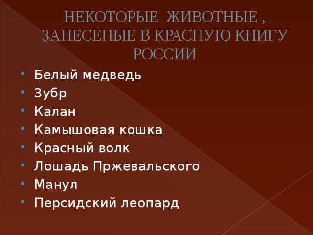 НЕКОТОРЫЕ ЖИВОТНЫЕ , ЗАНЕСЕНЫЕ В КРАСНУЮ КНИГУ РОССИИ Белый медведь Зубр Калан Камышовая кошка Красный волк Лошадь Пржевальского Манул Персидский леопард  