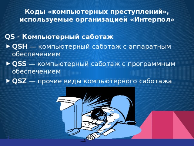 Применять преступление. Коды компьютерных преступлений. Способы саботажа компьютерной преступности. Саботаж это определение. Интерпол компьютерная преступность.