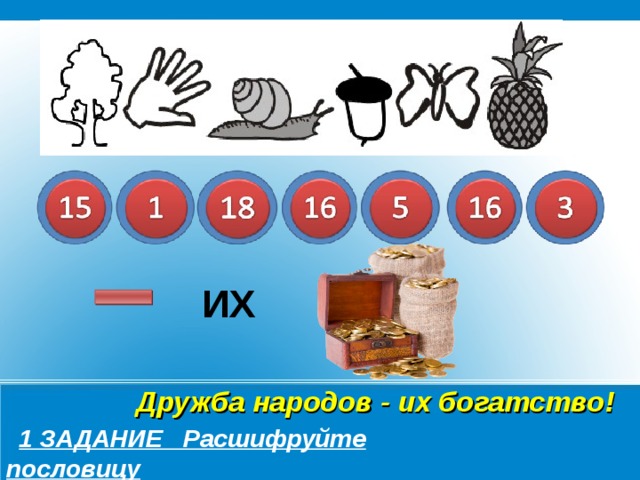 ИХ ИХ Дружба народов - их богатство !  1 ЗАДАНИЕ Расшифруйте пословицу