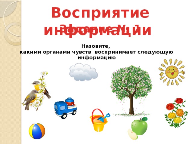 Восприятие информации Задание № 1 Назовите, какими органами чувств воспринимает следующую информацию 