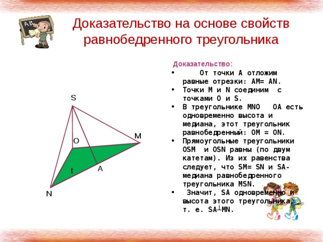 Доказательство на основе свойств равнобедренного треугольника  Доказательство:  От точки А отложим равные отрезки: АМ= АN. Точки М и N соединим с точками O и S. В треугольнике MNO ОА есть одновременно высота и медиана, этот треугольник равнобедренный: ОМ = ОN. Прямоугольные треугольники OSM и OSN равны (по двум катетам). Из их равенства следует, что SM= SN и SA- медиана равнобедренного треугольника MSN.  Значит, SA одновременно и высота этого треугольника, т. е. SA┴MN. S M O A t N 