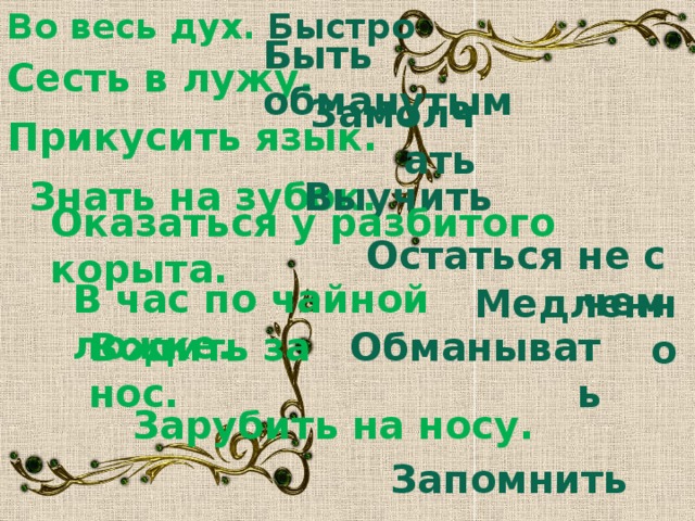Во весь дух. Быстро Быть обманутым Сесть в лужу. Замолчать Прикусить язык. Выучить Знать на зубок. Оказаться у разбитого корыта. Остаться не с чем В час по чайной ложке. Медленно Водить за нос. Обманывать Зарубить на носу. Запомнить